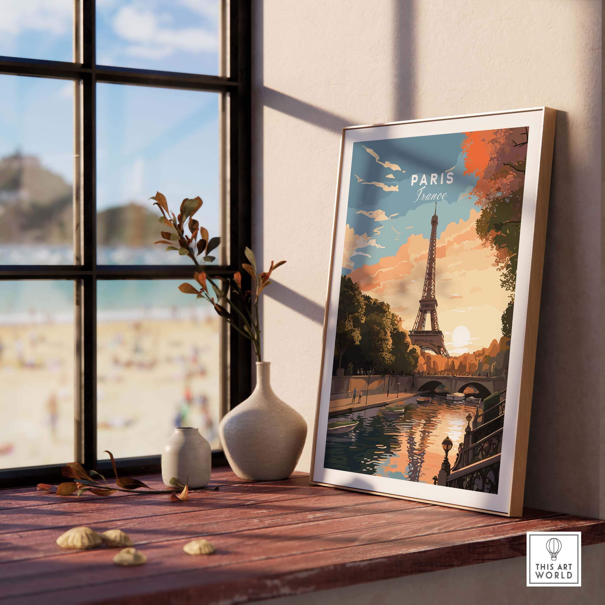 Paris Print featuring the Eiffel Tower at sunset, beautifully displayed in a cozy interior setting. Perfect for France lovers.