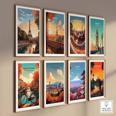 Paris print featuring the Eiffel Tower among travel posters of iconic cities like Barcelona, London, and Tokyo on a gallery wall.