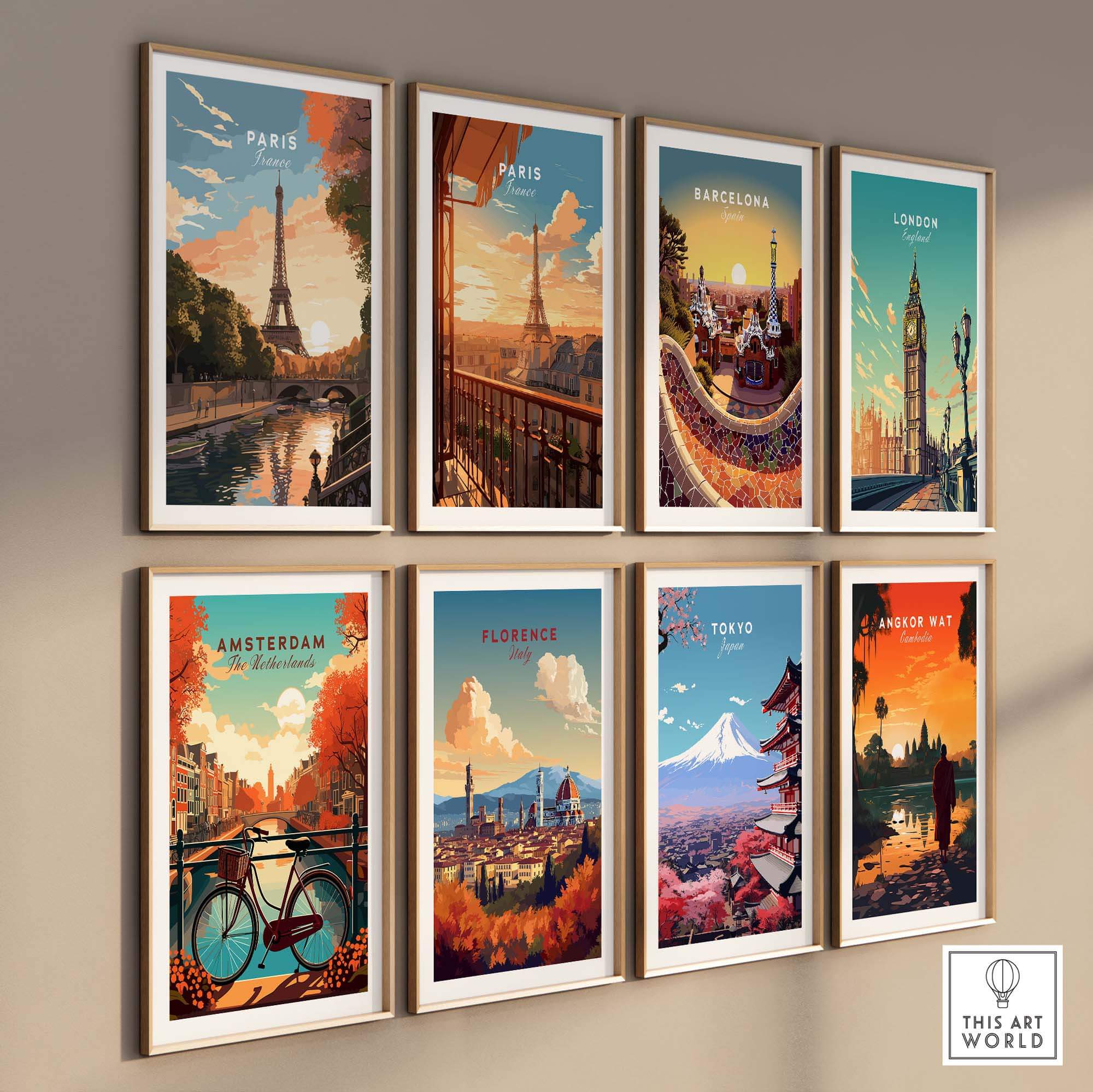Paris print featuring the Eiffel Tower among travel posters of iconic cities like Barcelona, London, and Tokyo on a gallery wall.
