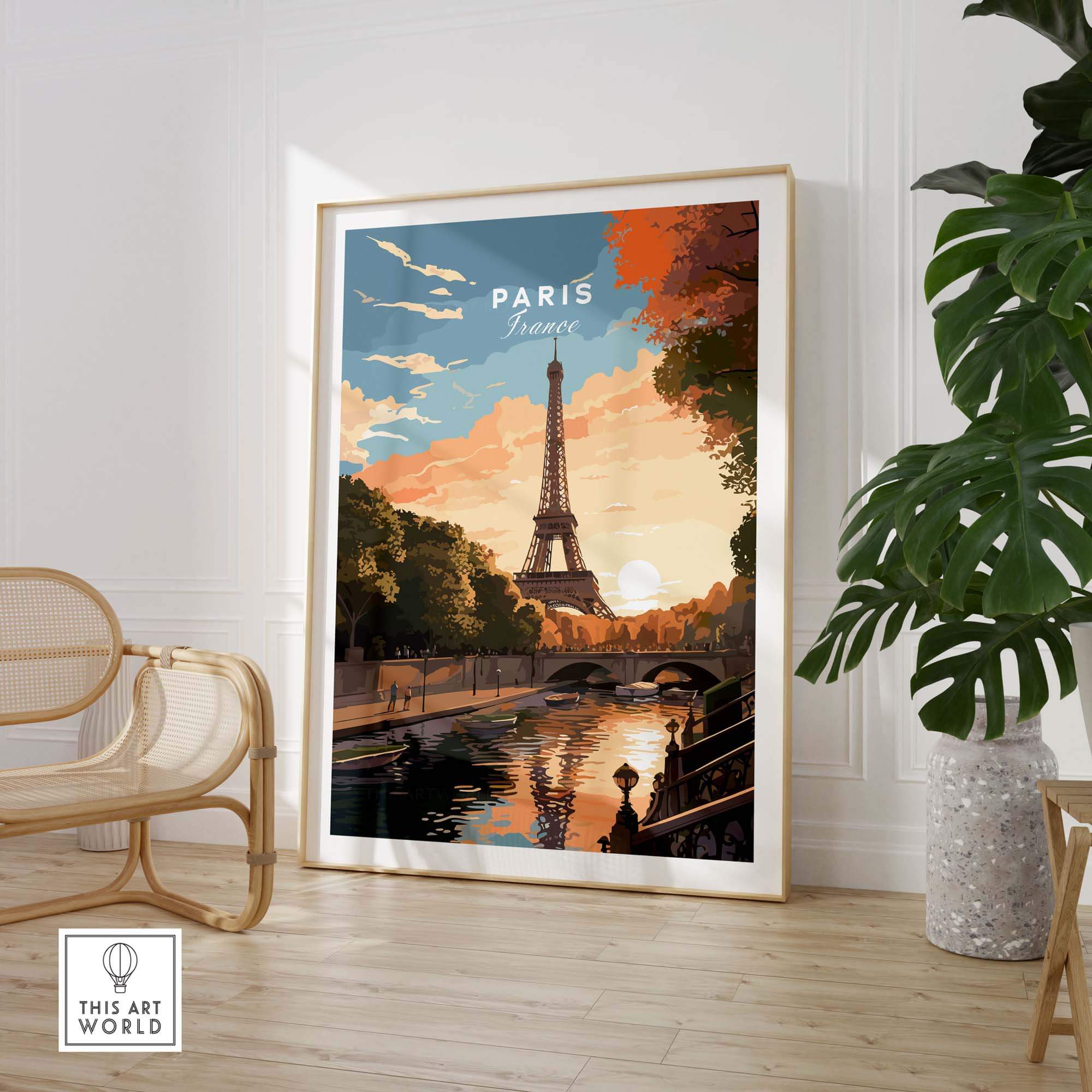 Paris print showcasing the Eiffel Tower at sunset, perfect for capturing memories of France and travel inspiration.