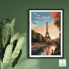 Paris Print featuring the Eiffel Tower at sunset, perfect for capturing memories of France and adventure.