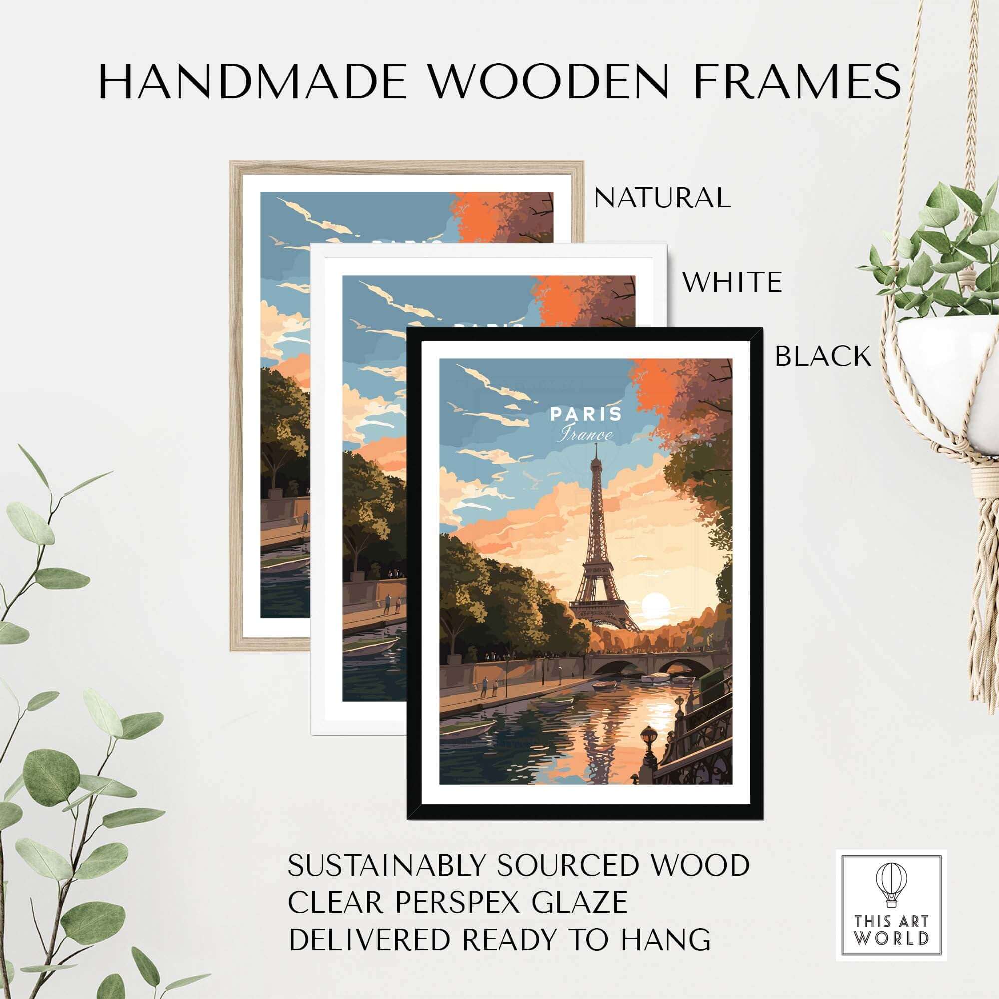 Handmade wooden frames in natural, white, and black showcasing a Paris Print with the Eiffel Tower at sunset.