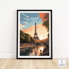 Paris print featuring the Eiffel Tower at sunset, perfect for capturing memories of France and gifting adventure lovers.