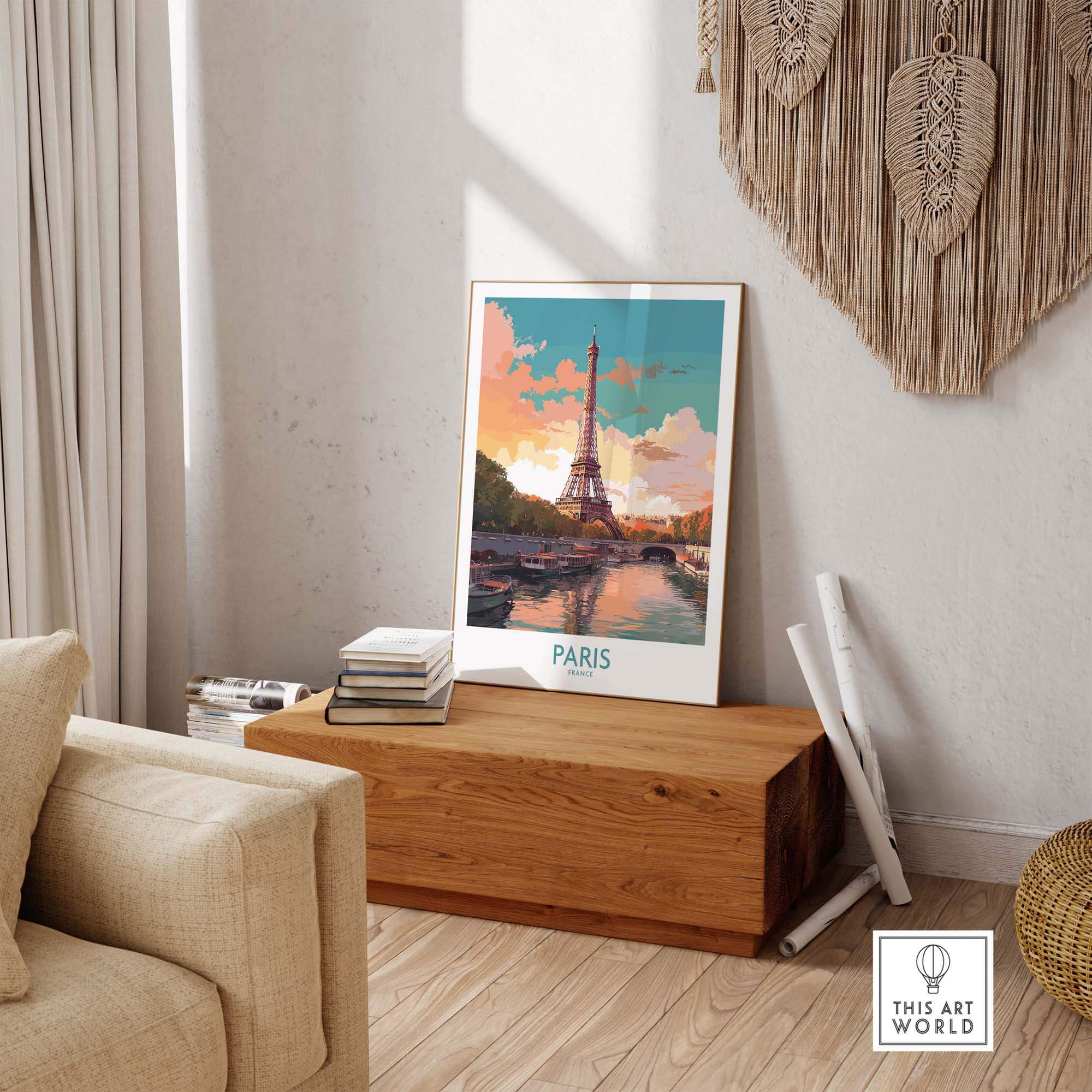 Paris Wall Art featuring the Eiffel Tower, showcasing a stunning view in a cozy living room setting. Perfect for travel enthusiasts.