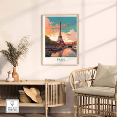 Paris wall art featuring the Eiffel Tower in a colorful sunset, perfect for adding Parisian charm to any space.