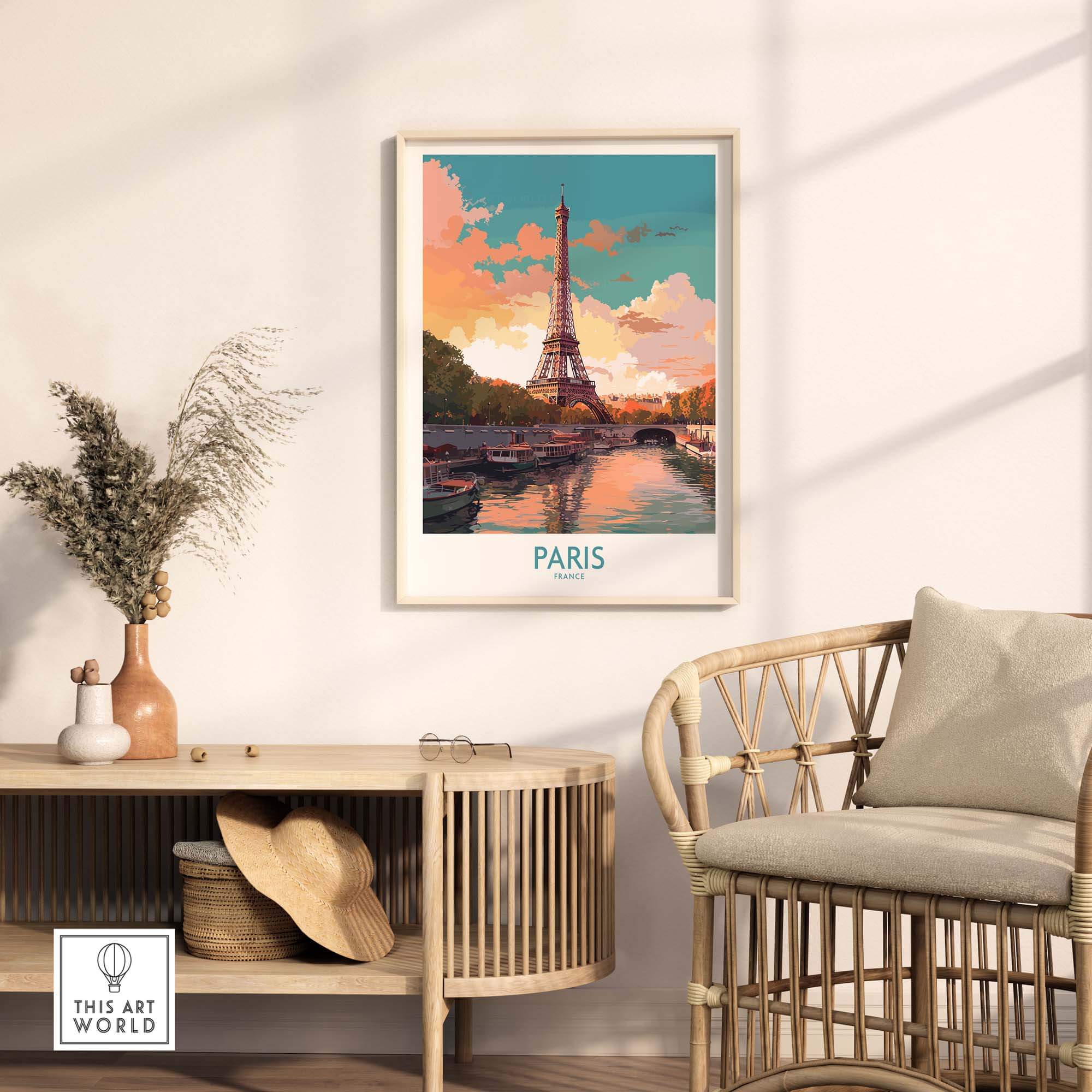 Paris wall art featuring the Eiffel Tower in a colorful sunset, perfect for adding Parisian charm to any space.