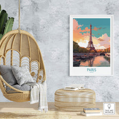 Paris wall art featuring the Eiffel Tower, showcasing the romantic beauty of France in a cozy living space.