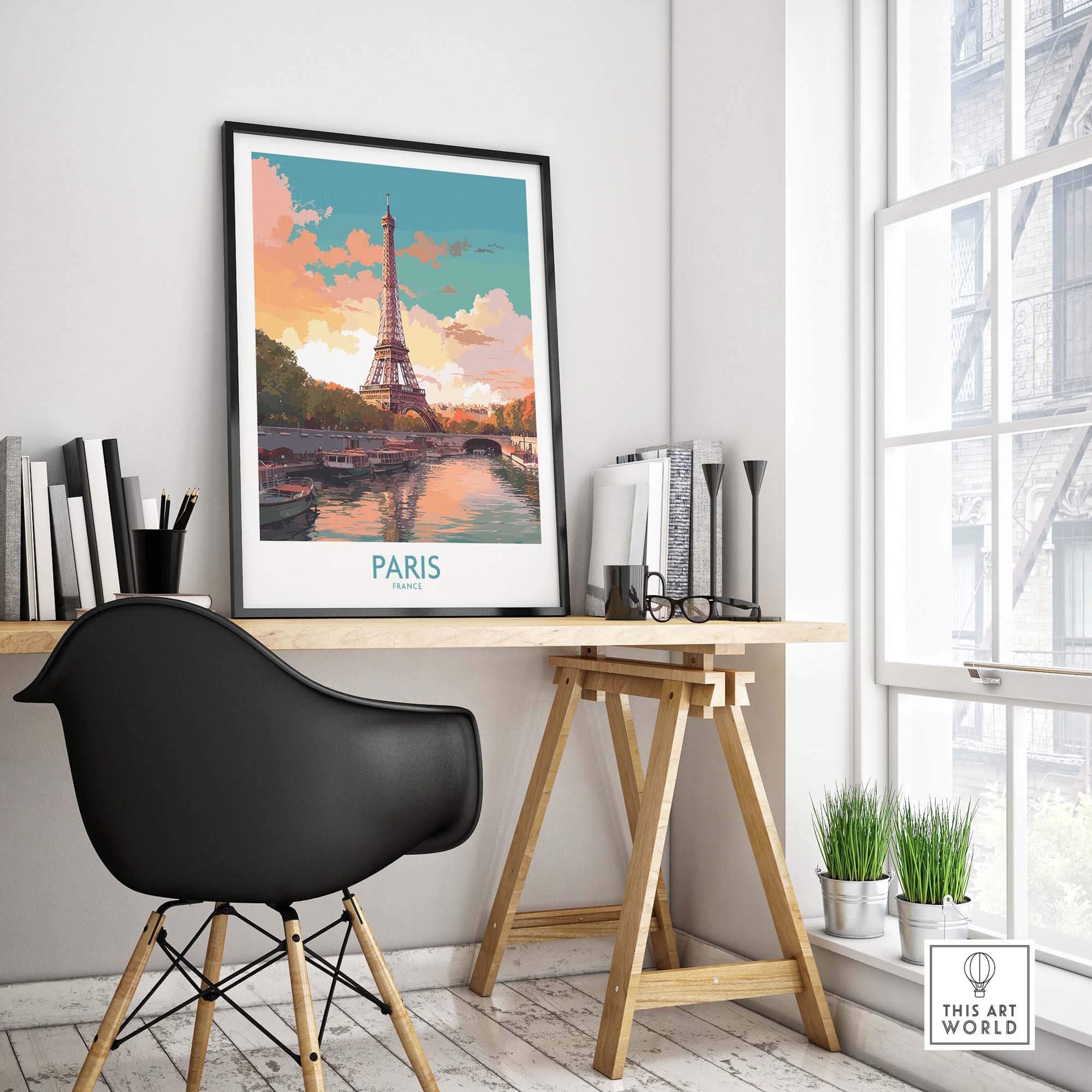 Beautiful Paris wall art featuring the Eiffel Tower, enhancing a stylish workspace with a touch of French romance.