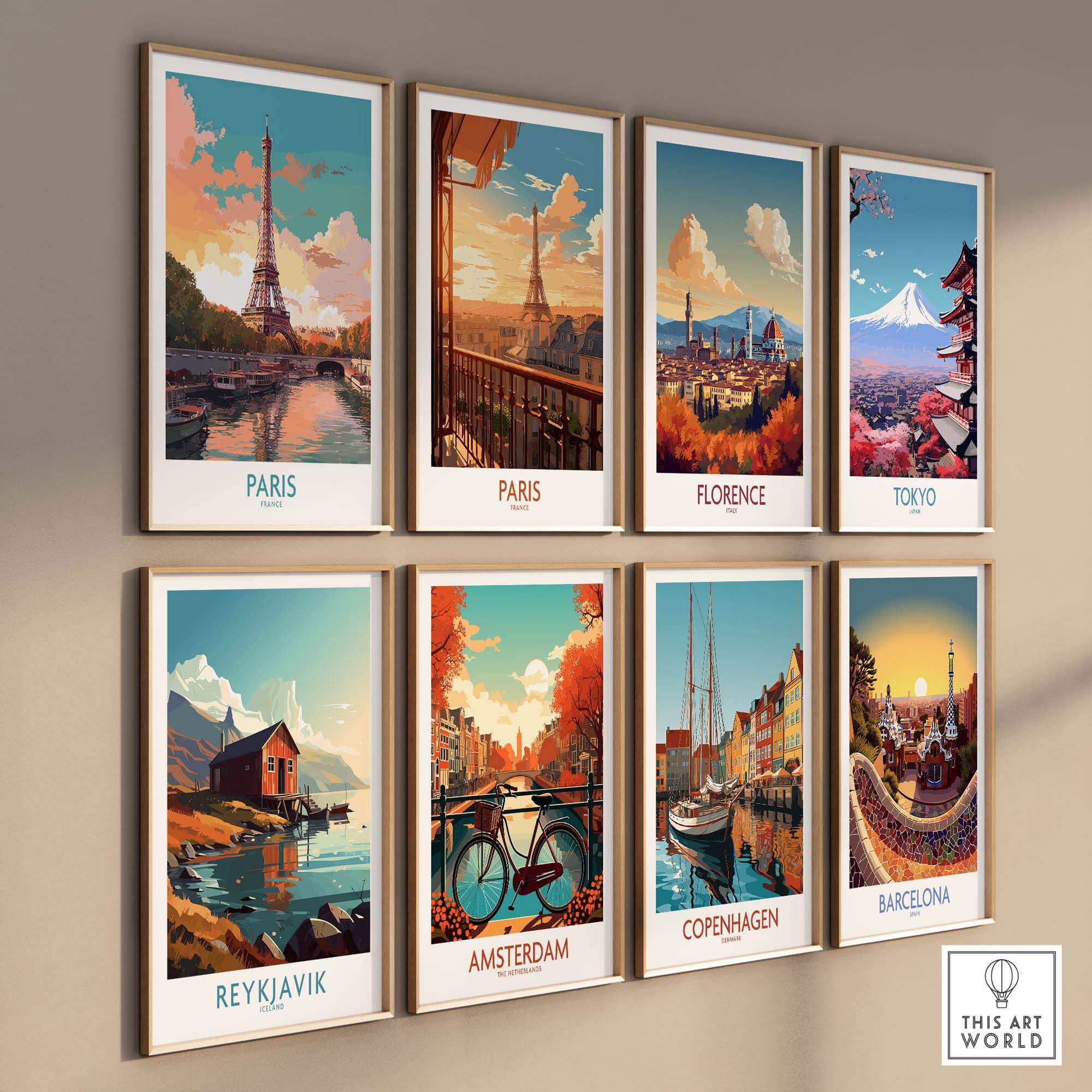 Colorful travel art prints featuring iconic landmarks from Paris, Florence, Tokyo, Reykjavik, Amsterdam, Copenhagen, and Barcelona.