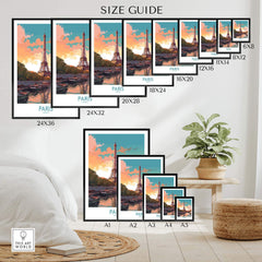 Size guide for Paris Wall Art featuring Eiffel Tower in various frame sizes, perfect for home decor.