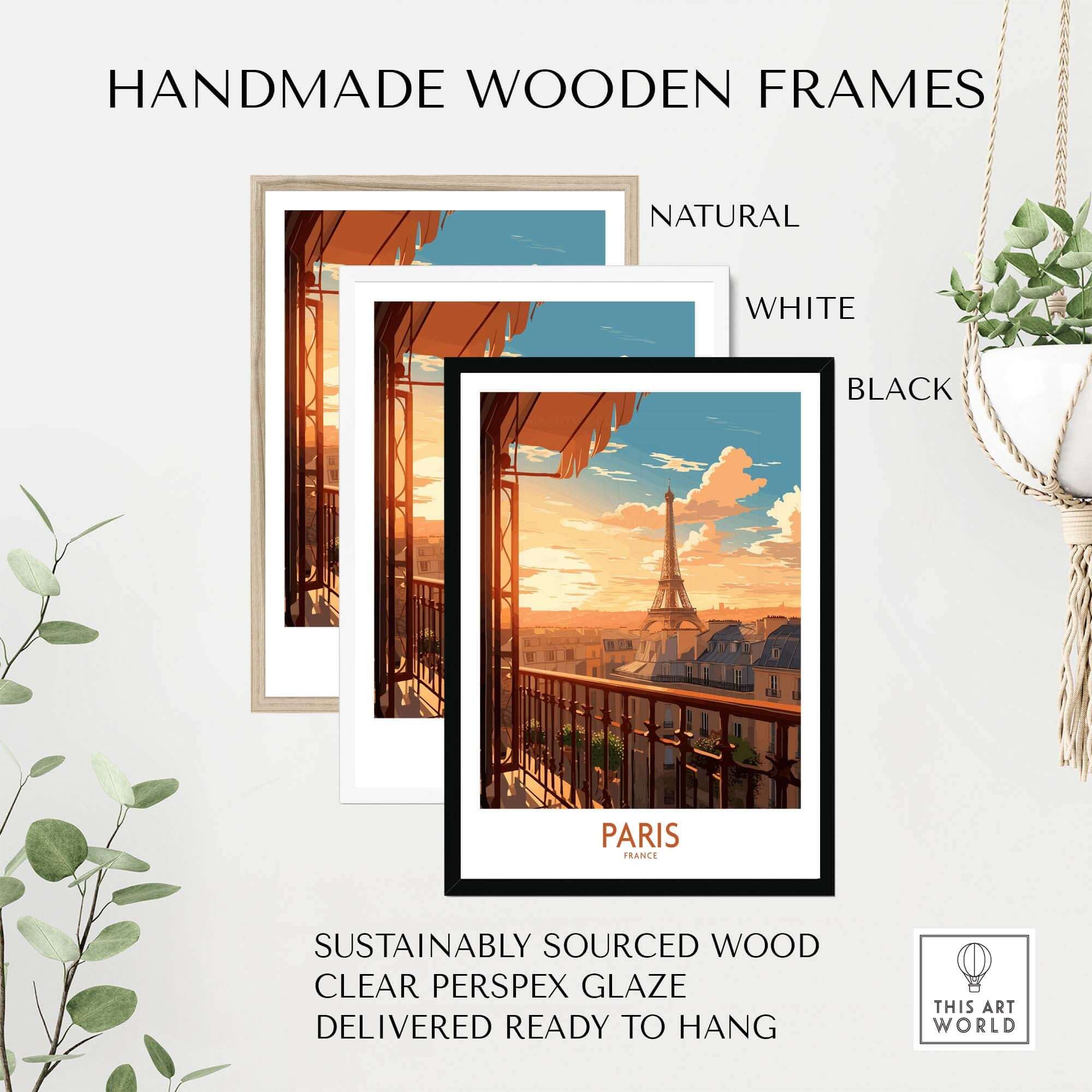Handmade wooden frames in natural, white, and black for Paris Eiffel Tower art print, ready to hang and sustainably sourced.