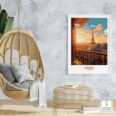 Paris wall art featuring the Eiffel Tower at sunset, creating a dreamy atmosphere in a modern living space.