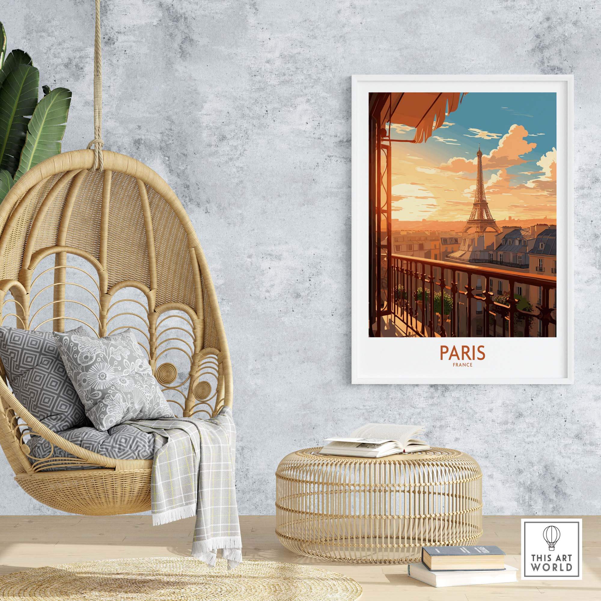 Paris wall art featuring the Eiffel Tower at sunset, creating a dreamy atmosphere in a modern living space.