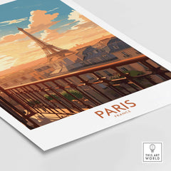 Paris Wall Art featuring the Eiffel Tower, showcasing a vibrant sunset and intricate cityscape illustration.