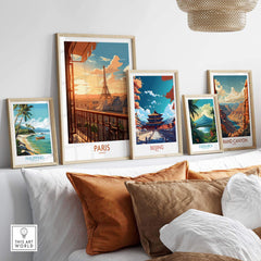 Modern Paris wall art featuring Eiffel Tower illustration among framed travel prints. Ideal for creating vibrant home decor.