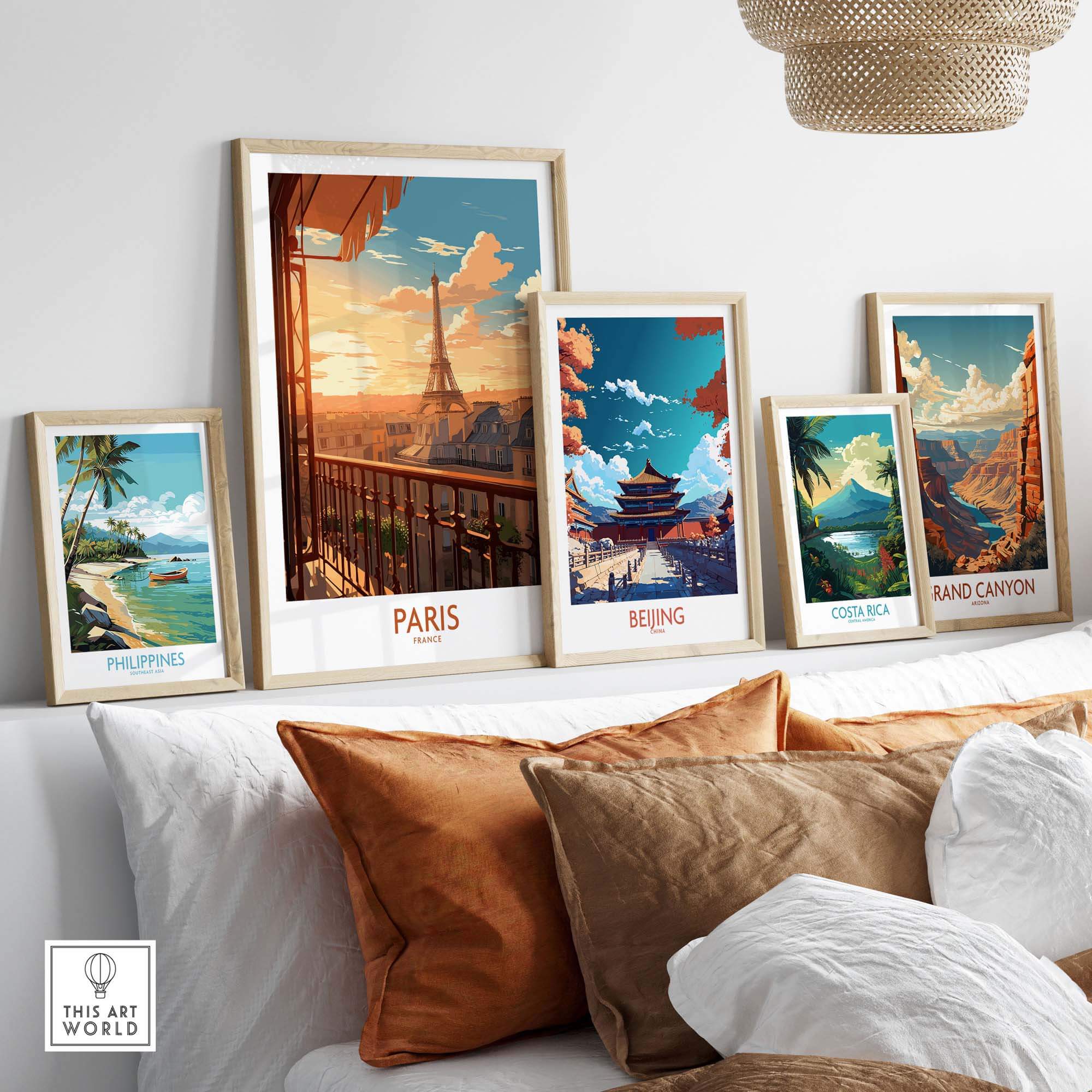Modern Paris wall art featuring Eiffel Tower illustration among framed travel prints. Ideal for creating vibrant home decor.