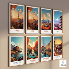 Colorful art prints of famous cities including Paris, Florence, Tokyo, Amsterdam, Copenhagen, Reykjavik, and Barcelona.