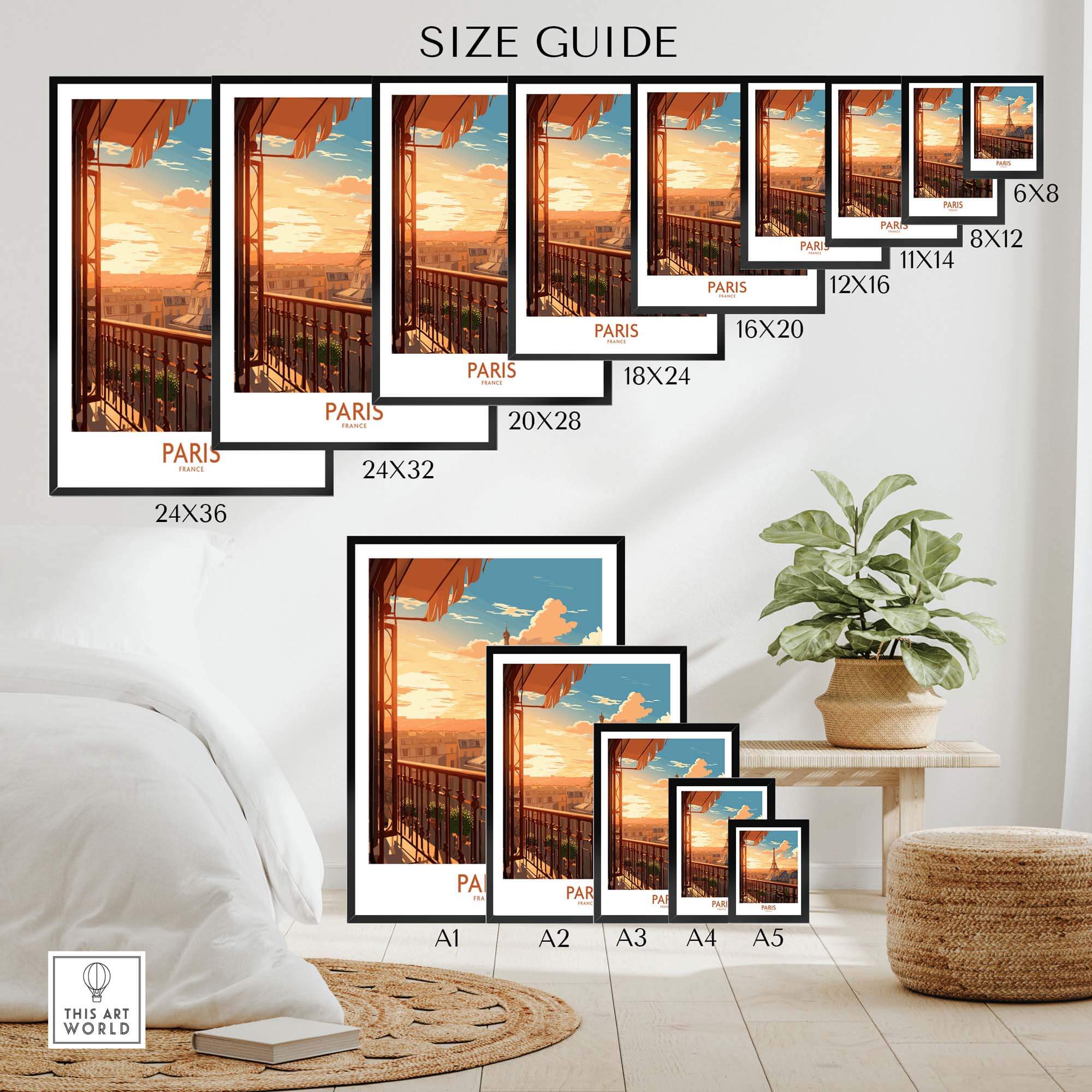 Size guide for Paris Wall Art prints showcasing various frame sizes and a cozy home setting.