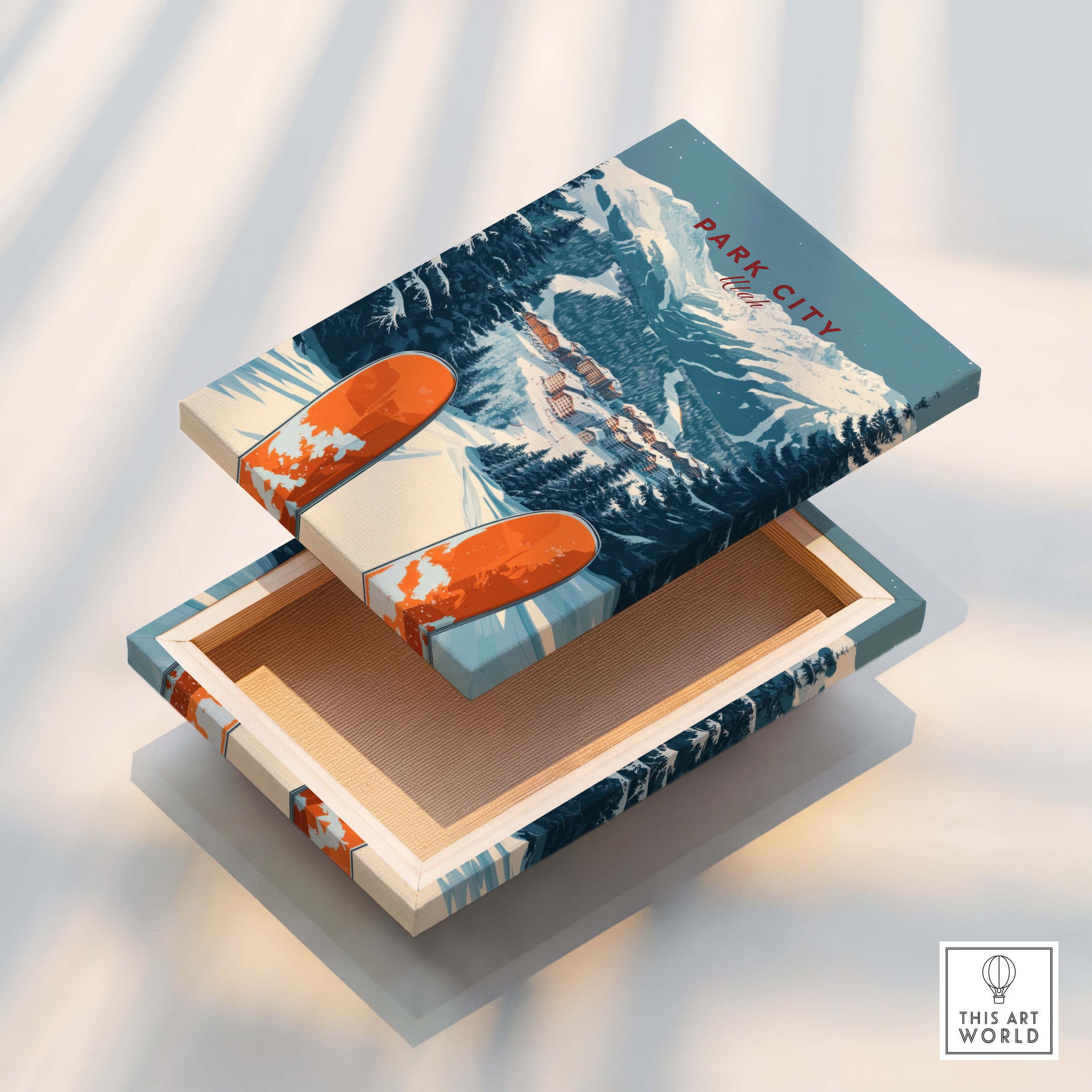 Park City Ski Print featuring vibrant ski design on a decorative box showcasing stunning mountain scenery.