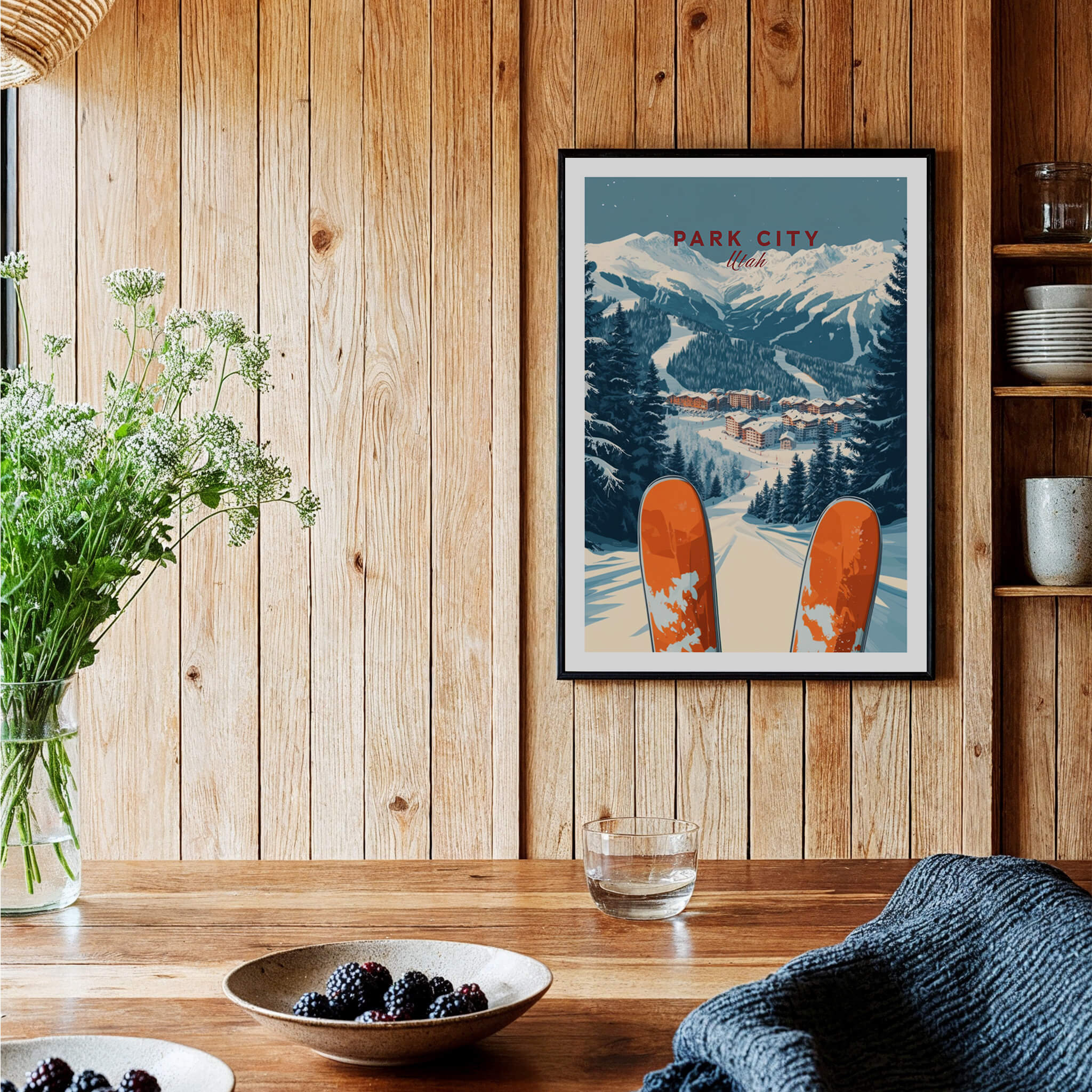 Park City Ski Print featuring vibrant ski slopes and stunning mountain views in a cozy home setting.