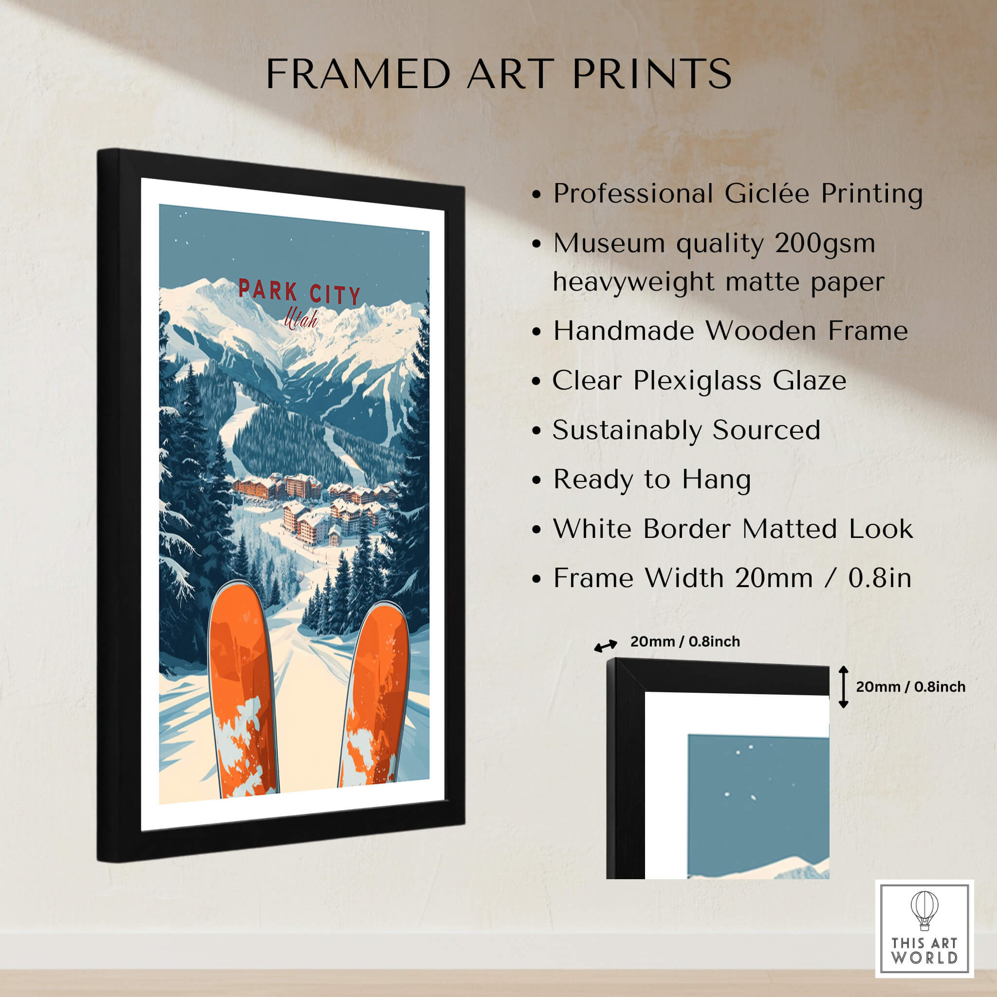 Park City Ski Print featuring vibrant slopes and mountain views in a framed art design.