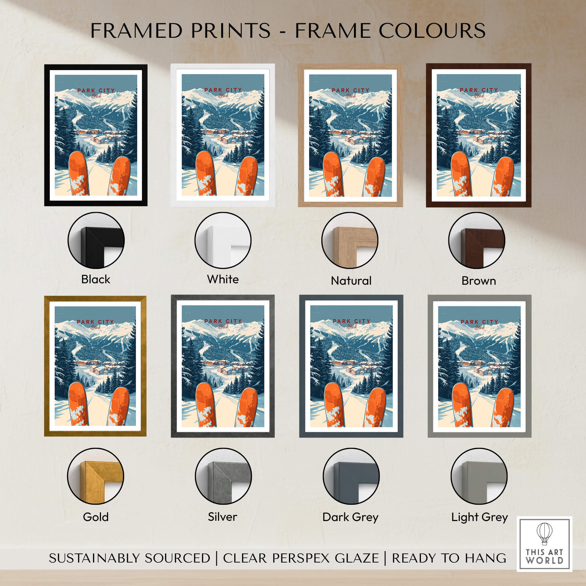Park City Ski Print framed in various colors including Black, White, Natural, Brown, Gold, Silver, Dark Grey, Light Grey.
