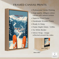 Park City Ski Print framed canvas showcasing vibrant mountain views and ski slopes in a wooden frame.