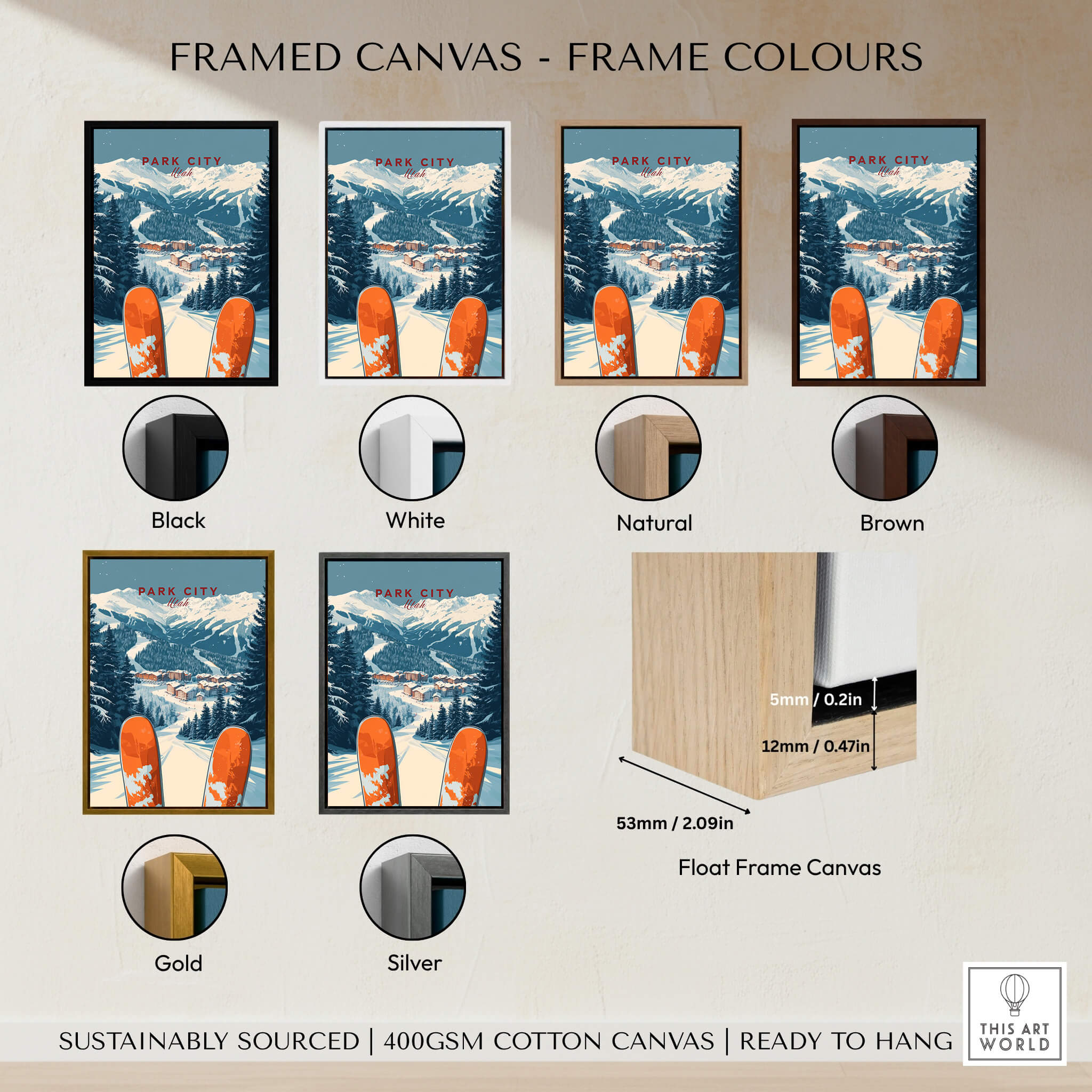 Framed Park City Ski Print options in various colors: Black, White, Natural, Brown, Gold, Silver.