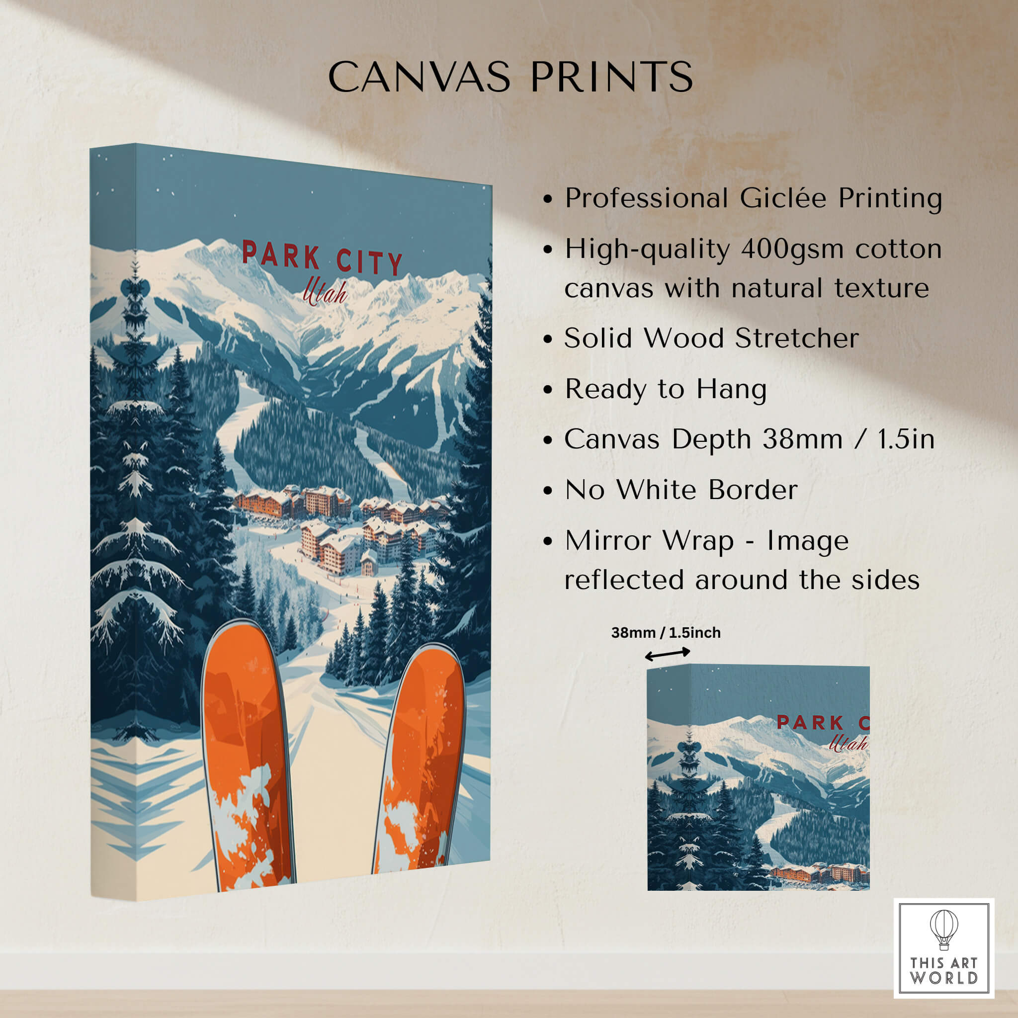 Park City Ski Print showcasing vibrant ski slopes and mountain views on high-quality canvas.