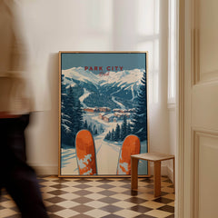 Park City Ski Print featuring vibrant mountain views and ski slopes in a stylish room setting.