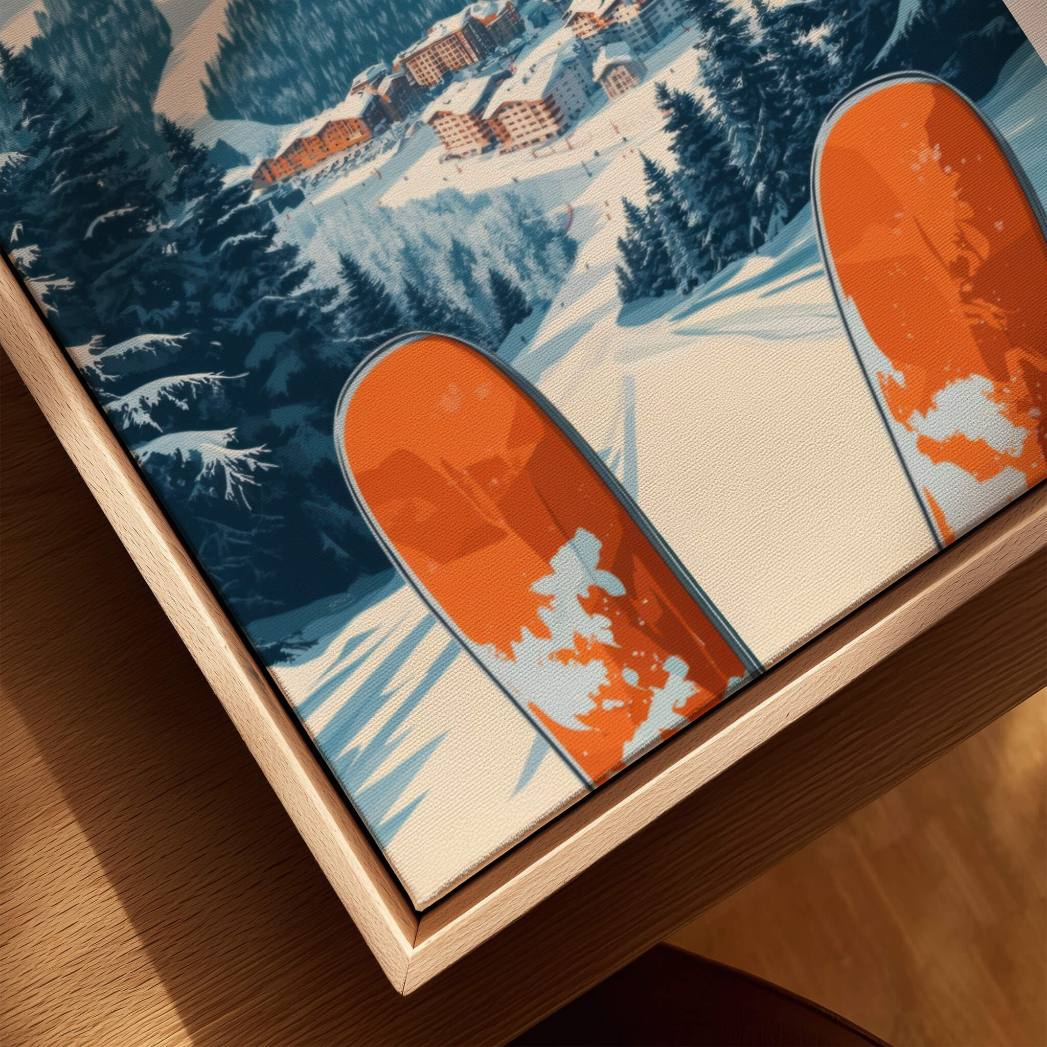 Park City Ski Print featuring vibrant orange skis and picturesque winter landscape with snowy slopes.