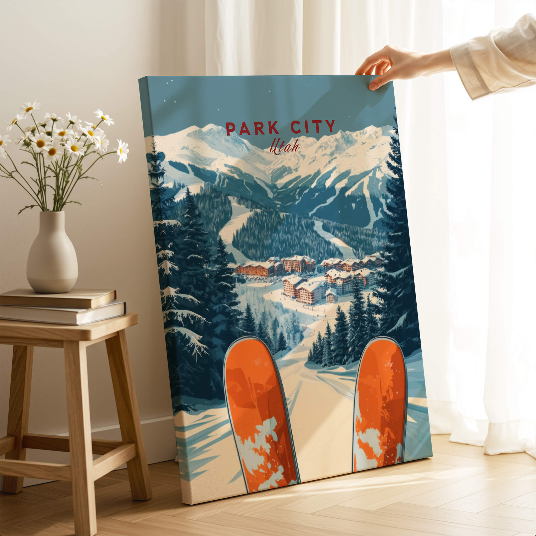 Park City Ski Print showcasing stunning mountain views and vibrant ski slopes in a cozy home setting.