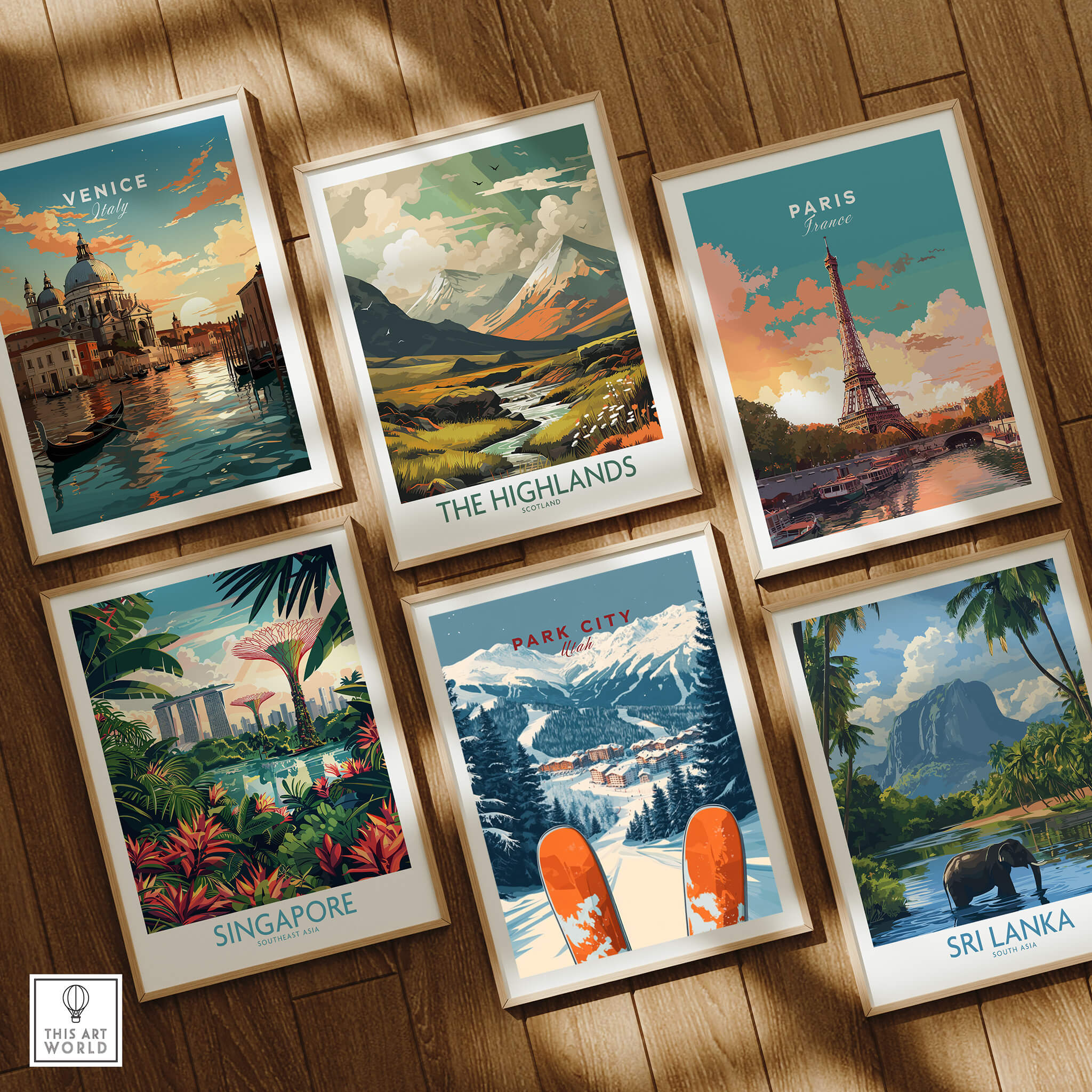 Collection of framed travel prints including Park City Ski Print and scenic views of Venice, Paris, Highlands, Singapore, and Sri Lanka.