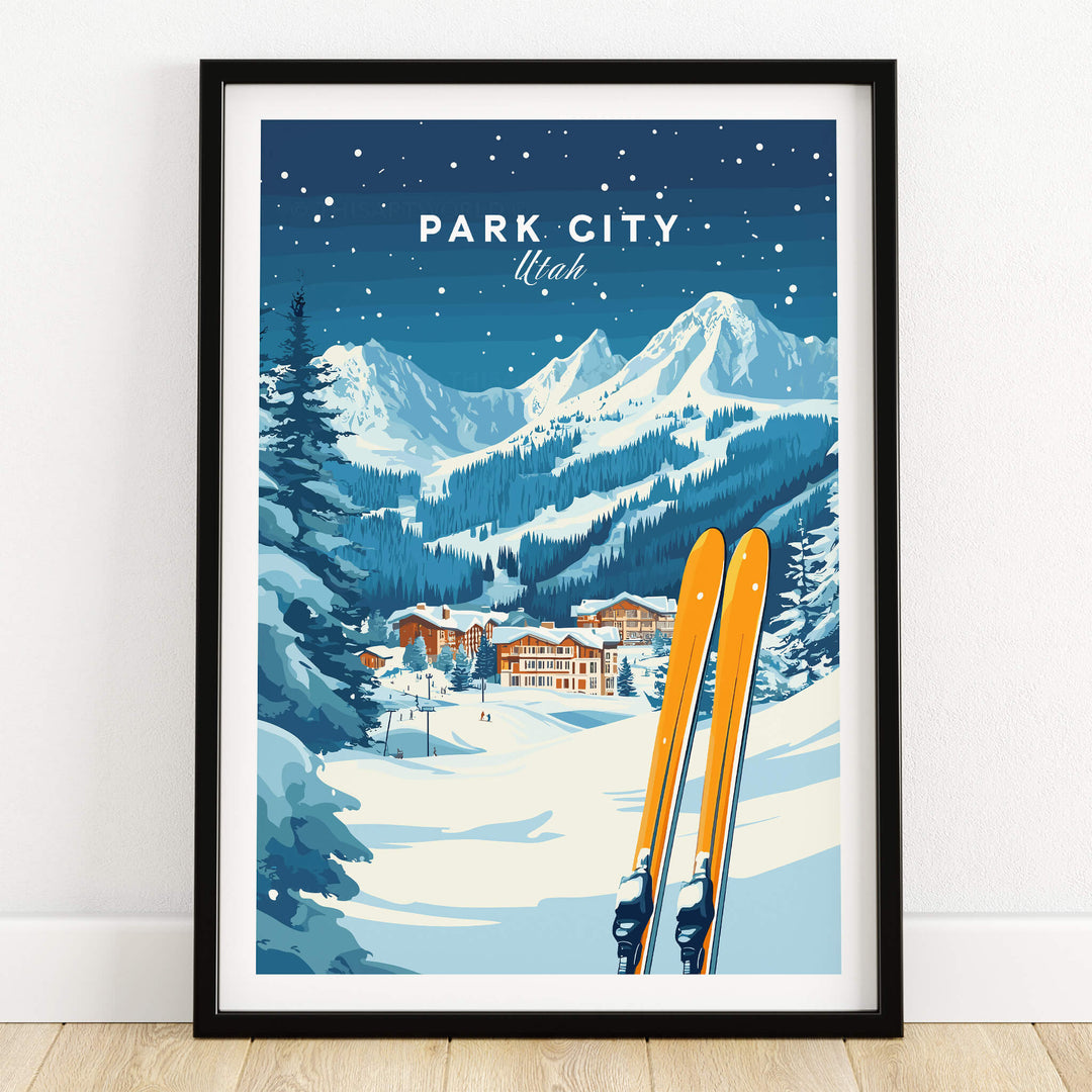 Park City Ski Wall Art Print Utah featuring snowy mountains and ski equipment in a vibrant design.