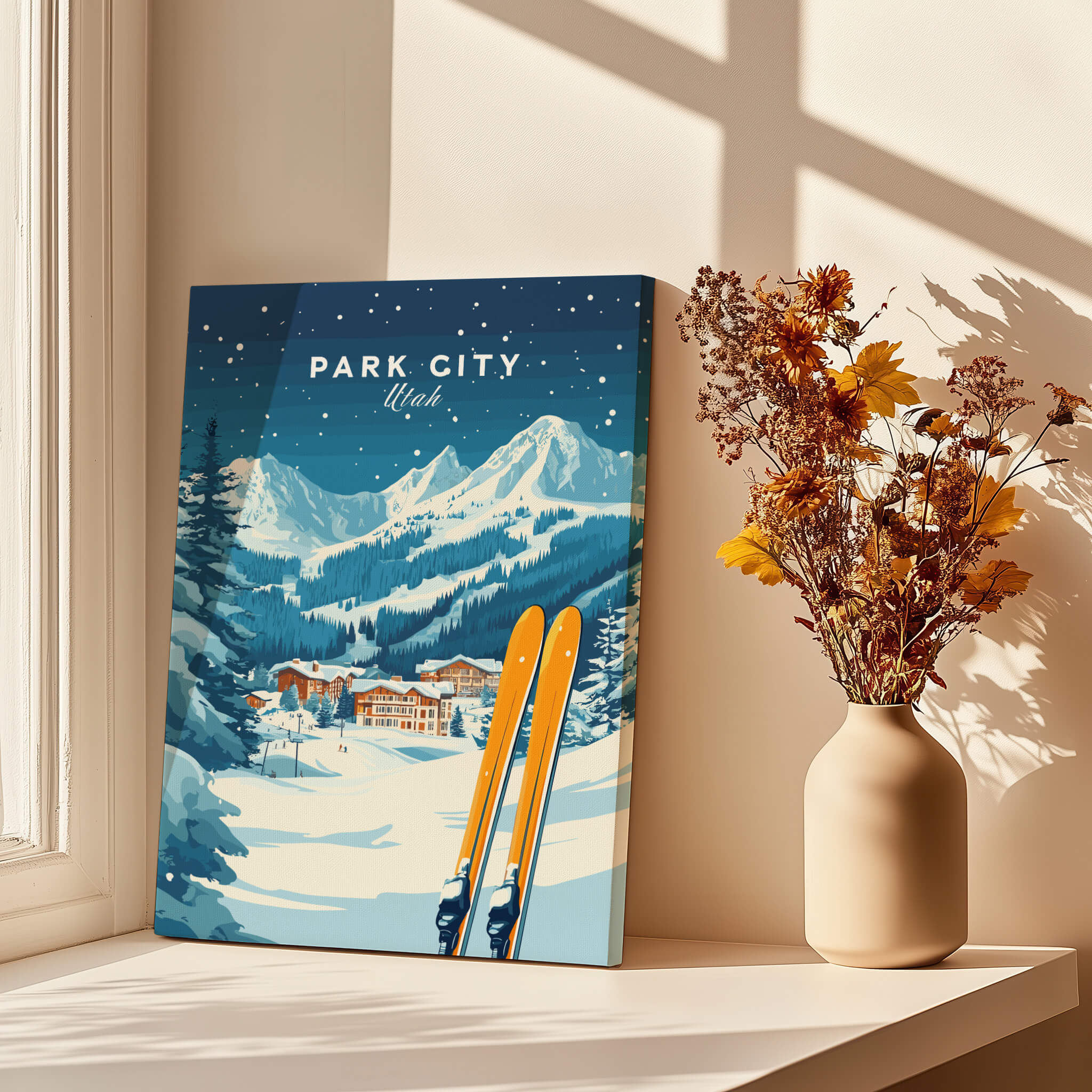 Park City Ski Wall Art Print Utah displayed beside a vase of flowers in a bright room.