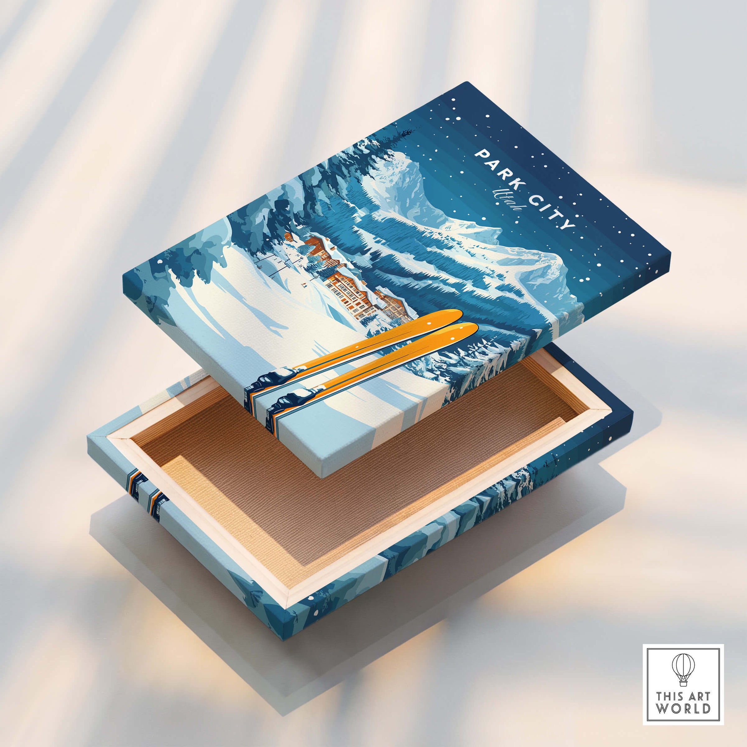 Park City Ski Wall Art Print Utah featuring a vibrant winter scene with skis, perfect for ski enthusiasts.