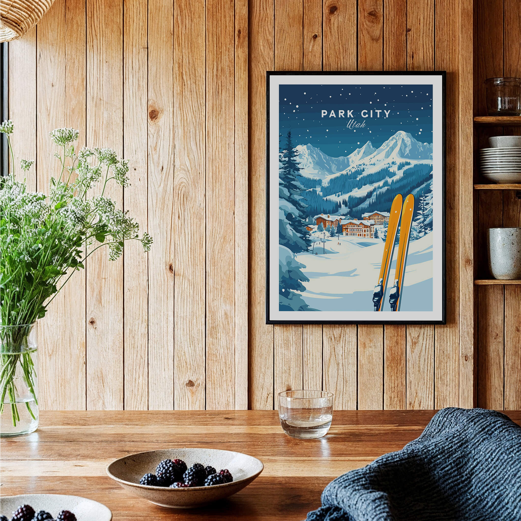 Park City Ski Wall Art Print Utah framed print with snow-covered mountains and skis in a cozy room setting.