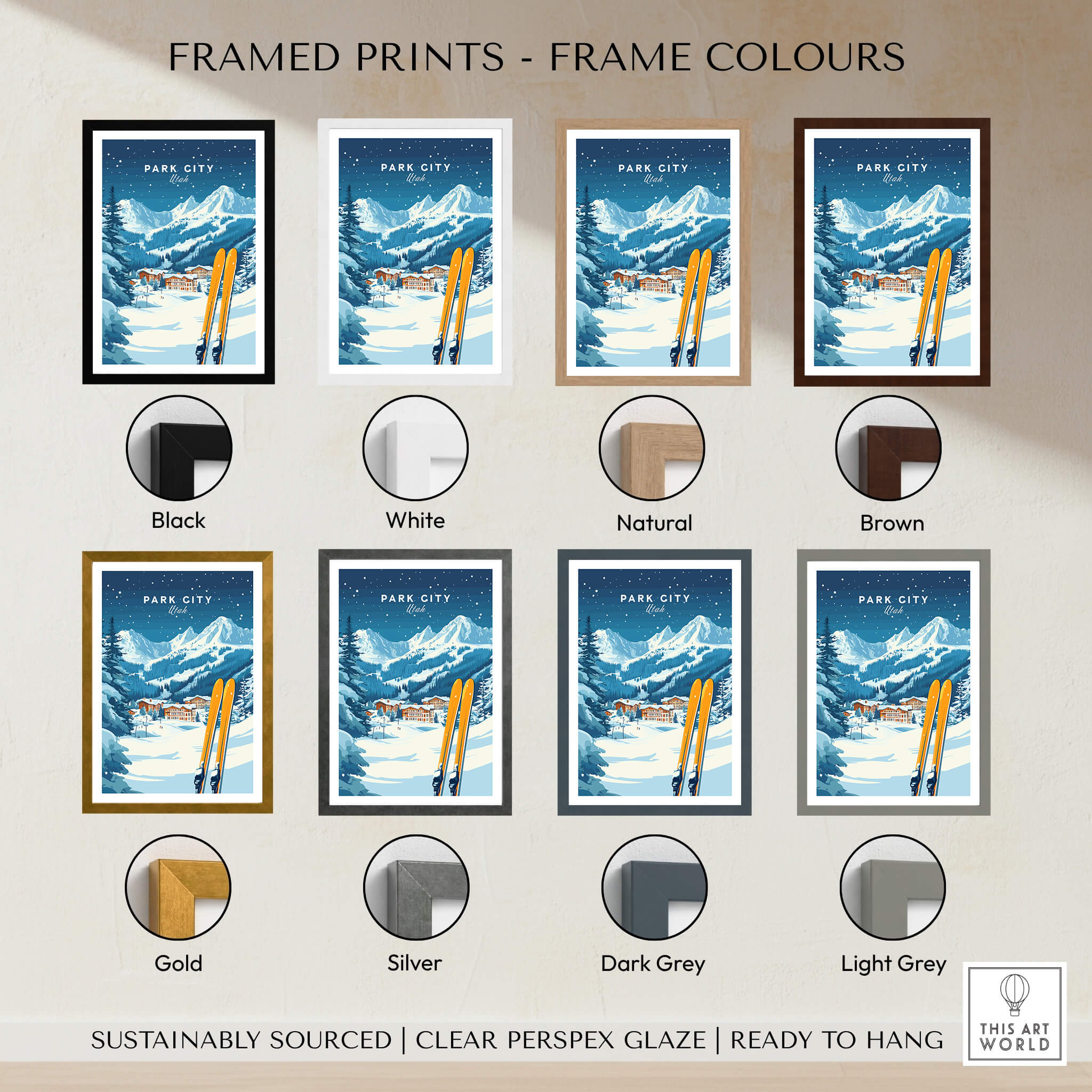 Framed Park City Ski Wall Art Print Utah showcasing various frame colors: Black, White, Natural, Brown, Gold, Silver, Dark Grey, Light Grey.