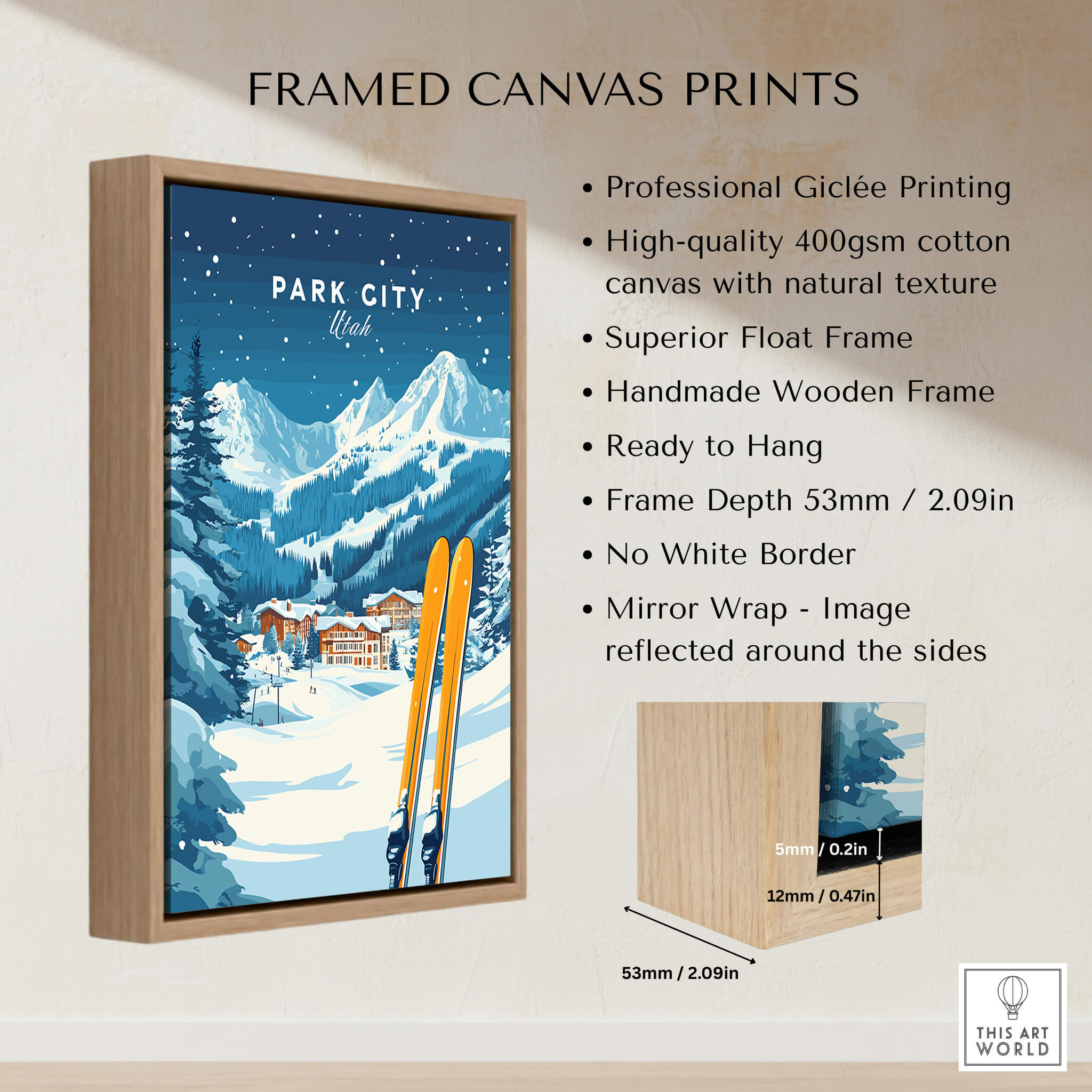 Park City Ski Wall Art Print Utah framed canvas print with vibrant design and natural texture.