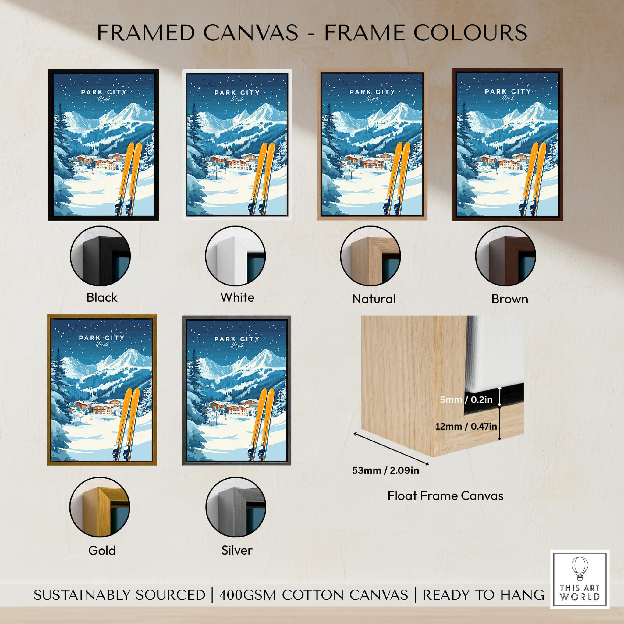 Park City Ski Wall Art Print Utah framed canvas options in various frame colors like black, white, natural, brown, gold, and silver.