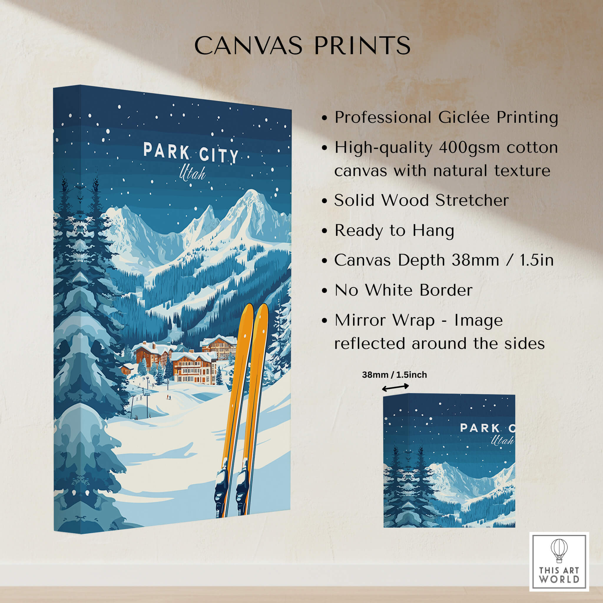 Park City Ski Wall Art Print Utah featuring vibrant ski design, high-quality giclée print on canvas for home decor.