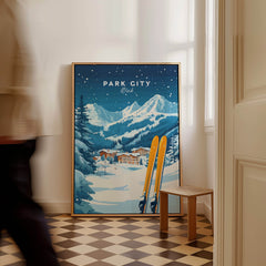 Park City Ski Wall Art Print Utah showcasing vibrant winter landscape with skis in foreground.