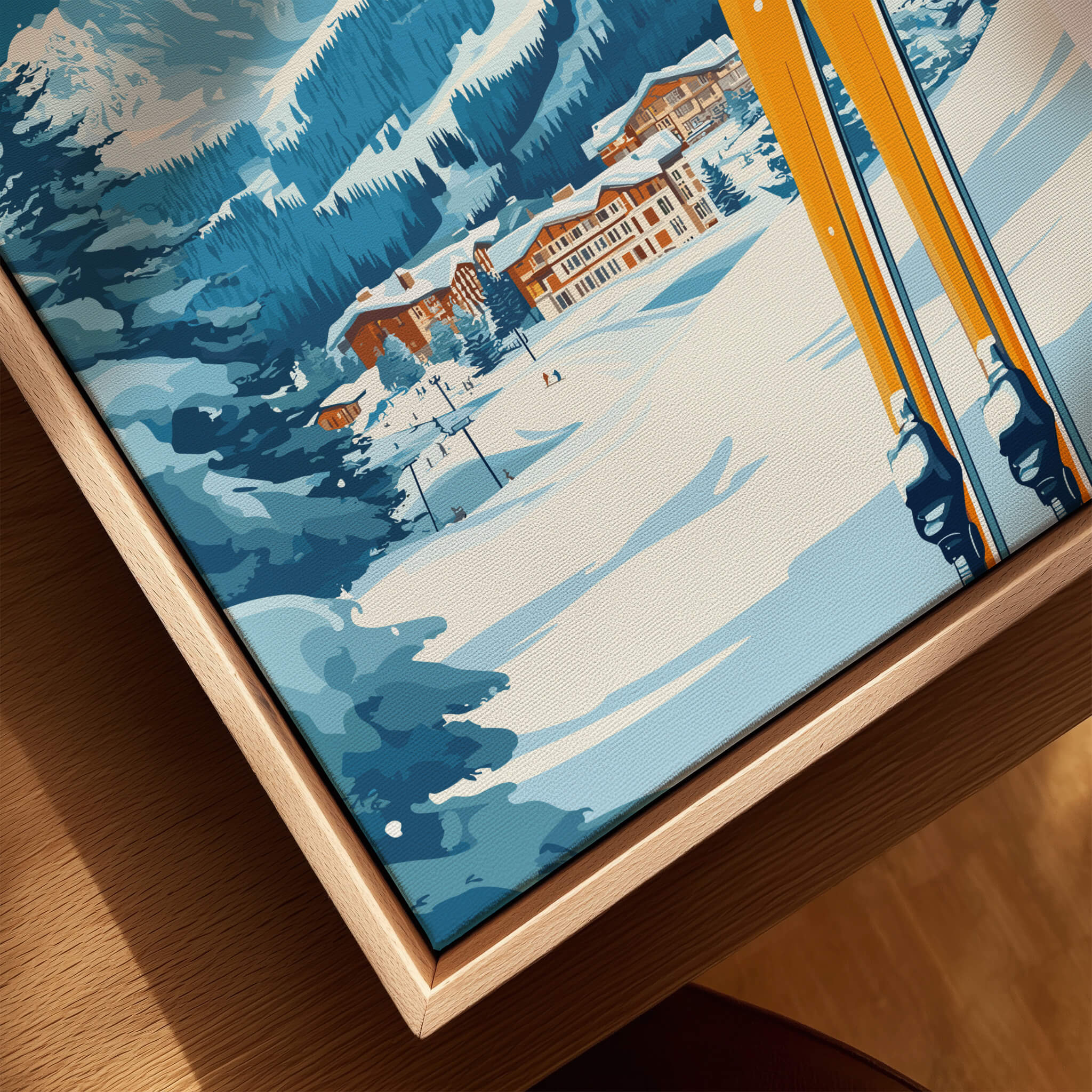 Park City Ski Wall Art Print Utah featuring a skier in a snowy landscape with a mountain resort backdrop.