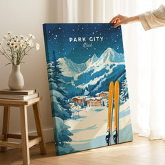 Park City Ski Wall Art Print Utah featuring snowy mountains and ski gear in a cozy indoor setting.