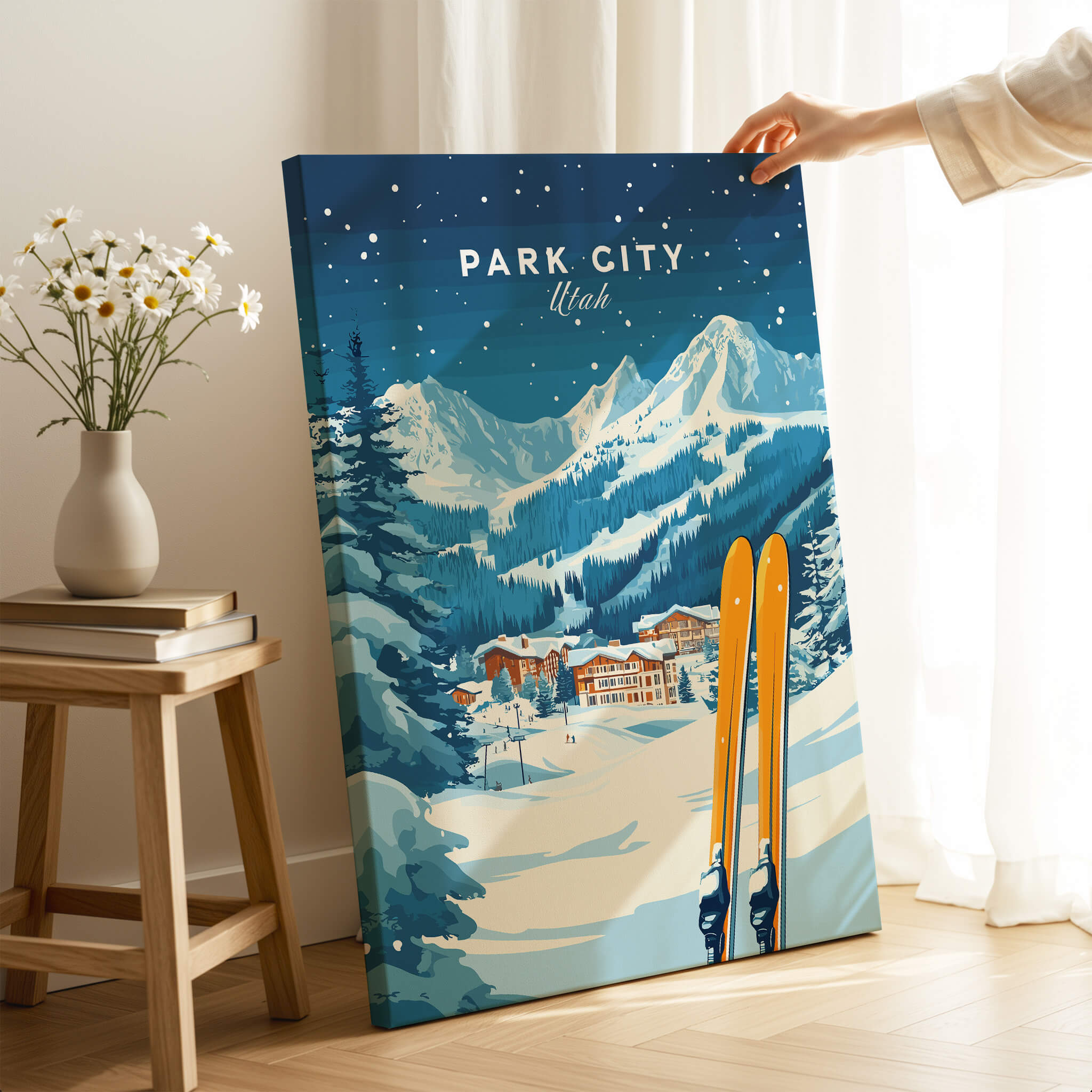 Park City Ski Wall Art Print Utah featuring snowy mountains and ski gear in a cozy indoor setting.
