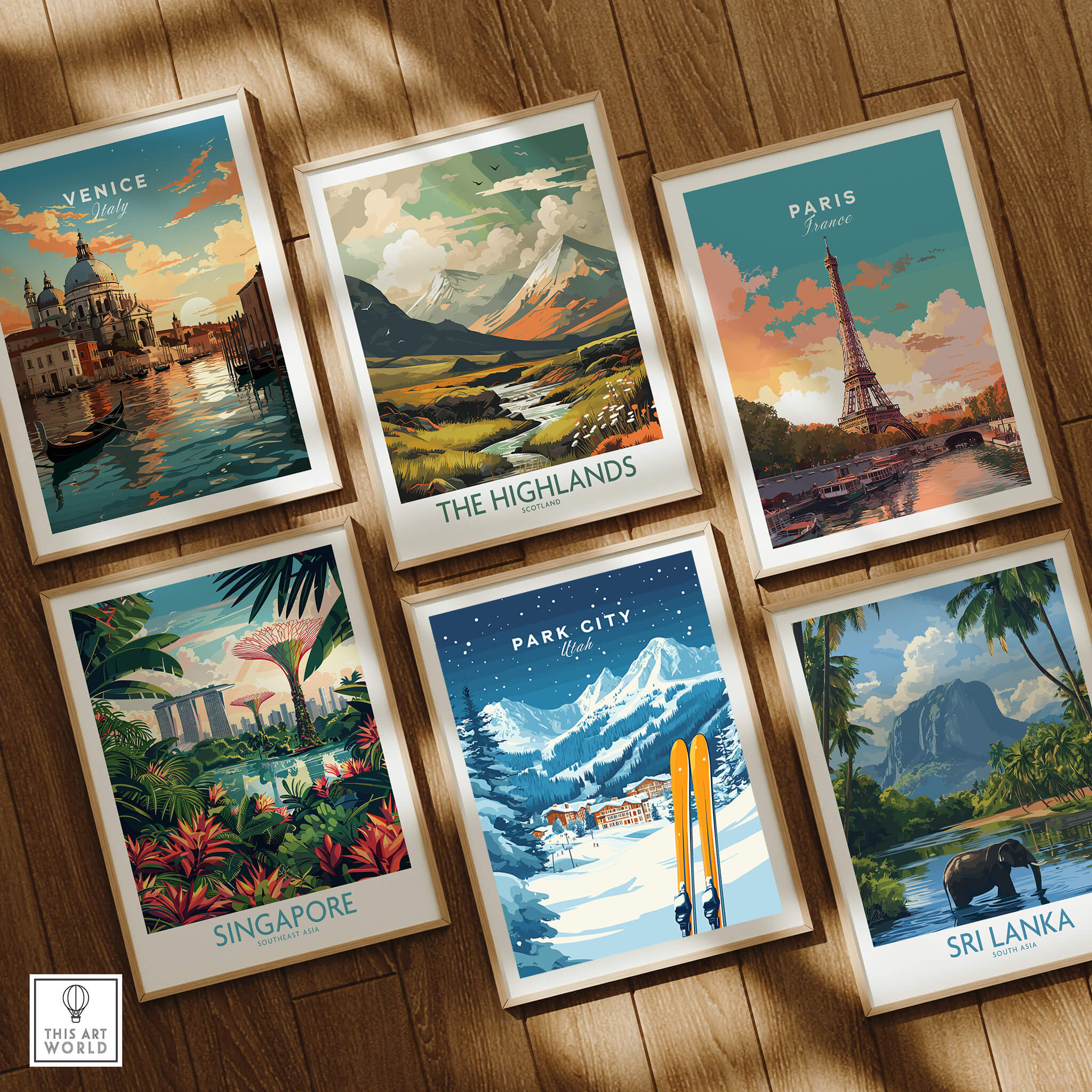 Park City Ski Wall Art Print Utah along with cityscape prints from Venice, Paris, Singapore, The Highlands, and Sri Lanka.