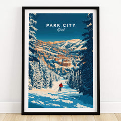 Park City Ski Art Print featuring a skier in a snowy mountain landscape of Park City, Utah.