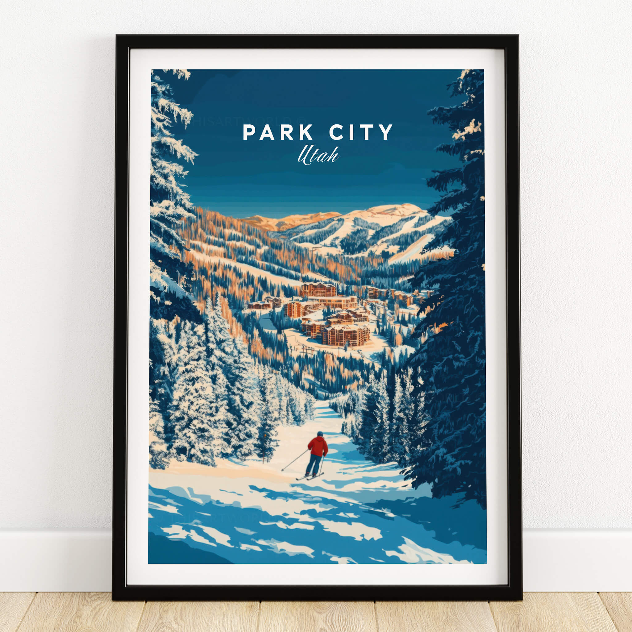 Park City Ski Art Print featuring a skier in a snowy mountain landscape of Park City, Utah.