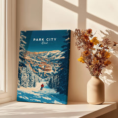 Park City Ski Art Print showcasing scenic mountain landscape with skier in snowy terrain.