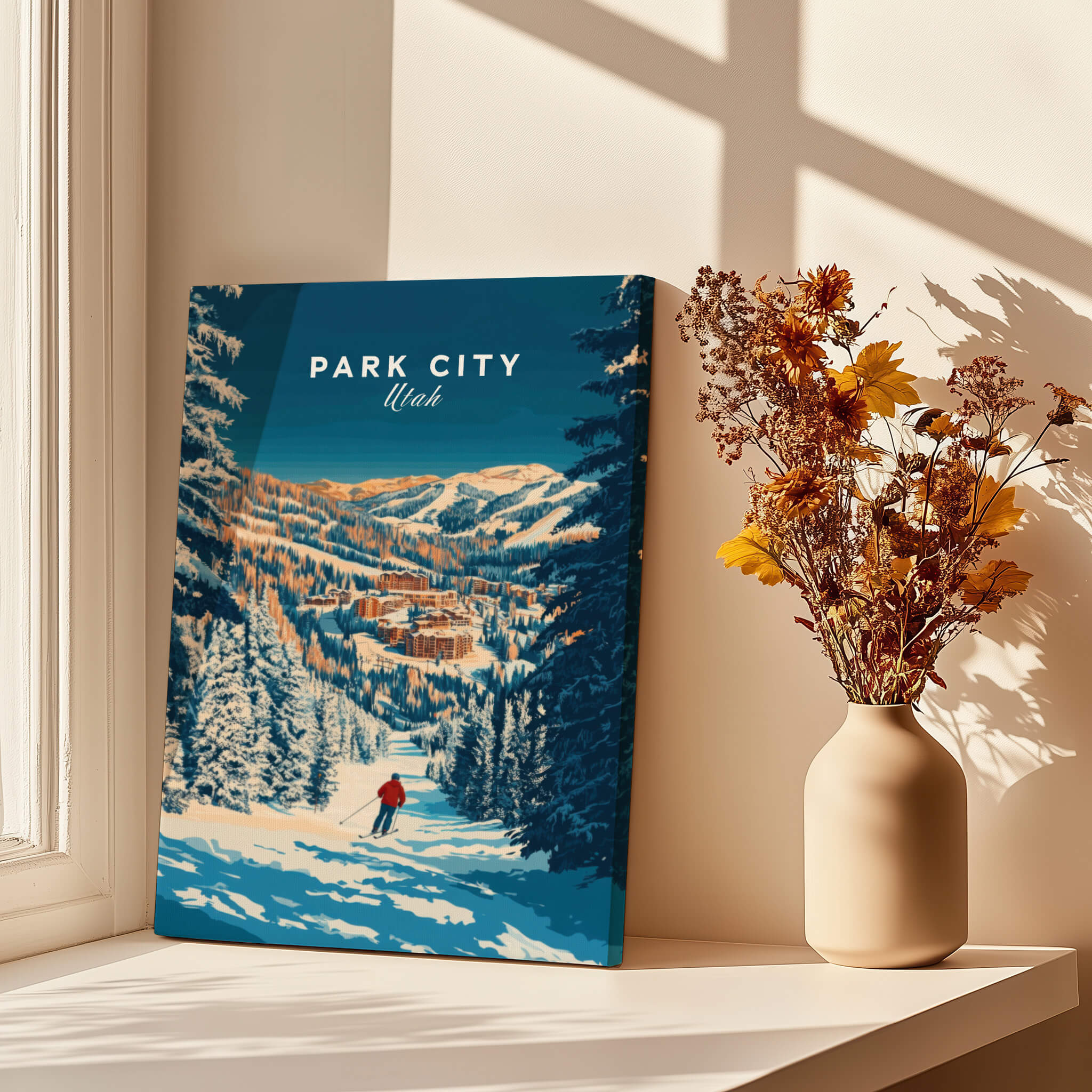Park City Ski Art Print showcasing scenic mountain landscape with skier in snowy terrain.